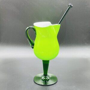 MCM Barware Empoli Pedestal Pitcher Green Cased Glass W/  Green Stir Stick Italy